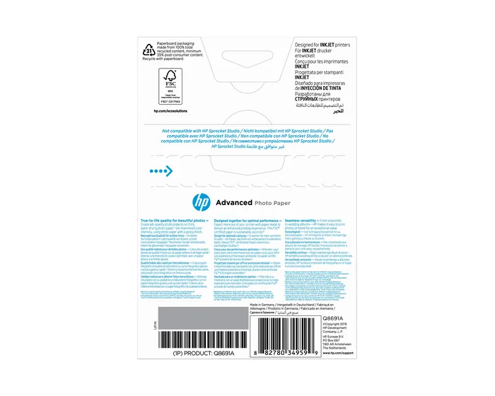 HP Papel Fotográfico Satinado Avanzado 10x15cm, 25 Hojas, 250g/m²