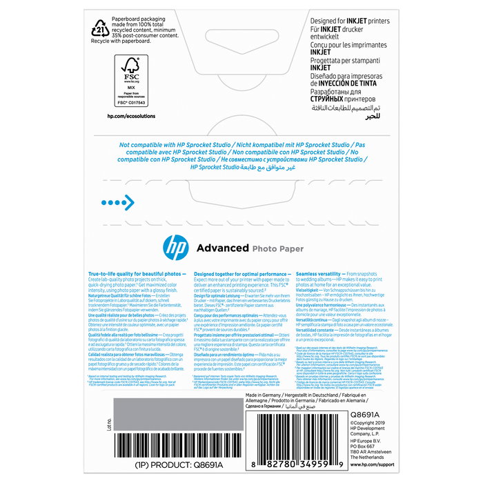 HP Papel Fotográfico Avanzado Satinado 250g/m2 10x15cm 25 Hojas