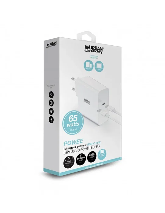POWEE Cargador USB-C de 65W, Universal para Portátil/MacBook/Tablet/Smartphone, con Cable 2m, Selección Automática de Voltaje, Blanco