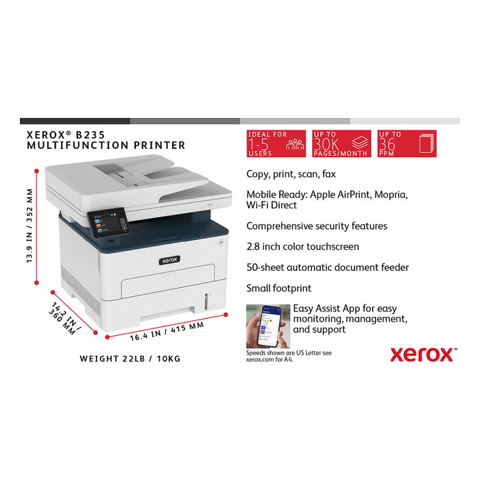 Xerox B235 Multifuncional Láser Blanco y Negro 4 en 1 A4 34 ppm LAN WiFi Duplex ADF Copia Escaneo Fax