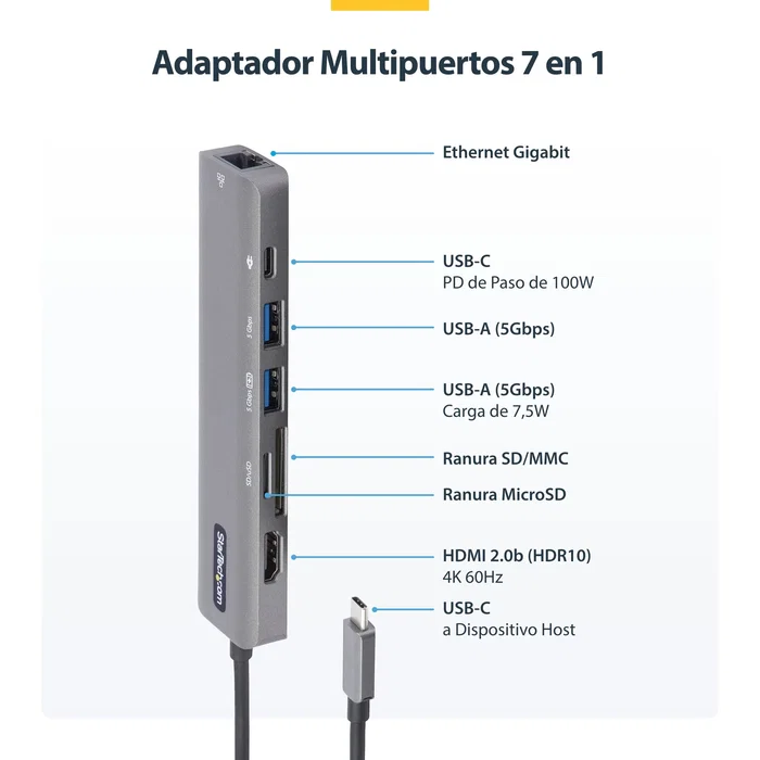 StarTech.com DKT30CHSDPD1 Docking Station USB-C 7-en/1 con HDMI 4K 60Hz, 2x USB-A 3.2, Ethernet Gigabit, Lector SD/microSD, USB Power Delivery 100W, Cable 30cm