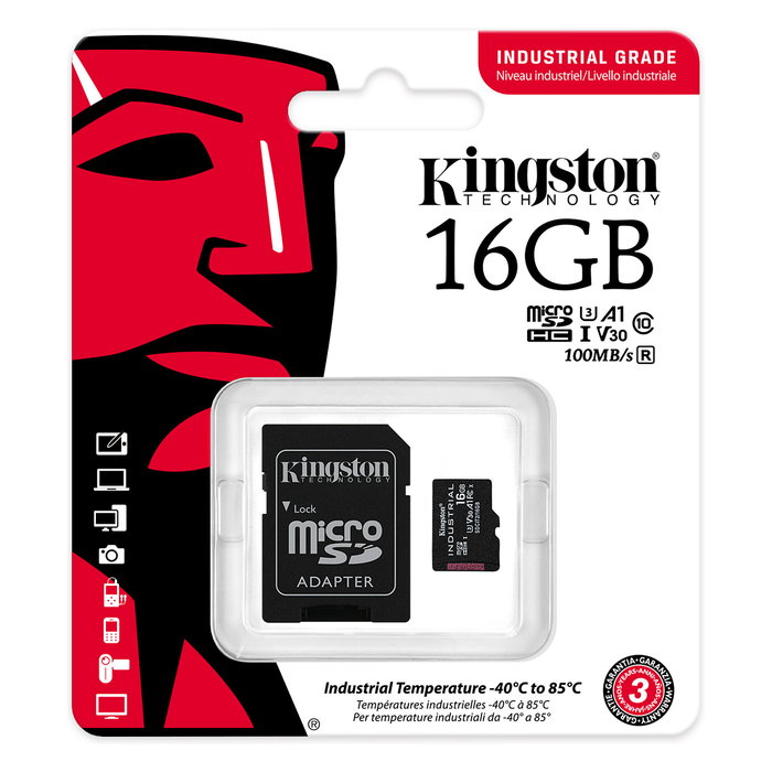 Kingston Tarjeta microSDHC Industrial 16GB Clase 10 UHS-I U3 A1 100MB/s + Adaptador SD