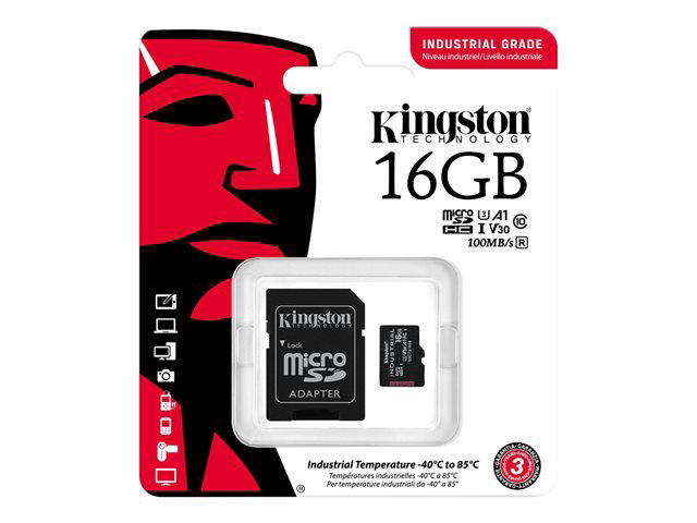 Kingston Tarjeta de Memoria Industrial microSDHC 16 GB UHS-I U3/V30/A1, Hasta 100 MB/s, Resistencia (-40 a 85 °C), Incluye Adaptador