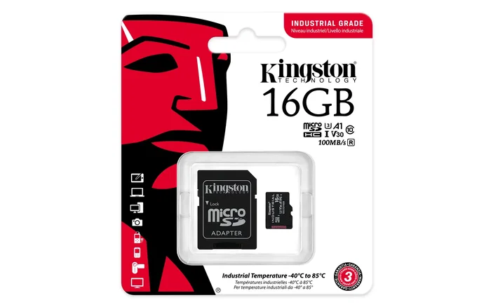 Kingston Tarjeta de Memoria Industrial microSDHC 16 GB UHS-I U3 V30 A1 Clase 10 - Resistente para Condiciones Extremas, Lectura 100MB/s, Escritura 80MB/s, con Adaptador SD