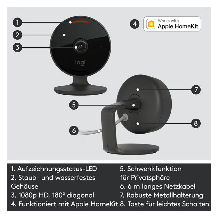 Logitech Circle View Cámara Seguridad IP - Interior y Exterior - 1080p Full HD - WiFi - 180° - Sensor Movimiento - IP64 - Visión Nocturna - 961-000490 - Negro