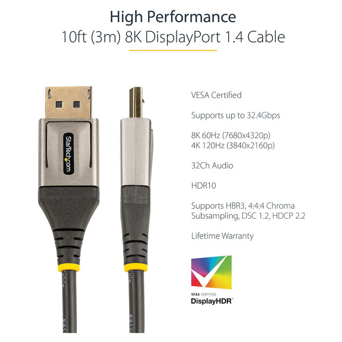 StarTech Cable DisplayPort 1.4 Certificado VESA 8K 60Hz 3m Negro/Gris StarTech Cable DisplayPort 1.4 Certificado VESA 8K 60Hz 3m Negro/Gris