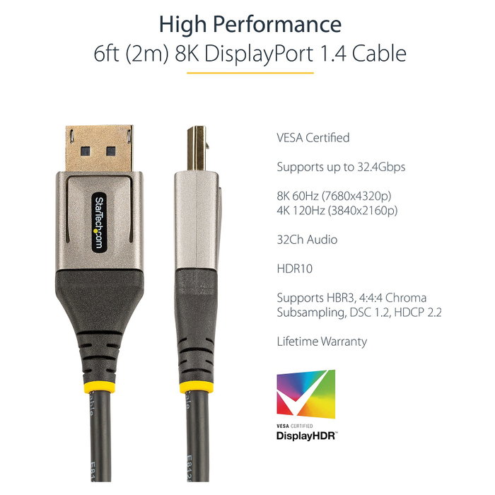 StarTech.com Cable DisplayPort 1.4 de 2m Certificado VESA 8K