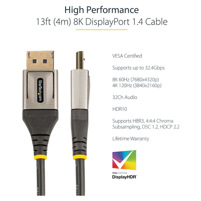 StarTech.com Cable DisplayPort 1.4 de 4m, 8K 60Hz HDR10, 4K 120Hz