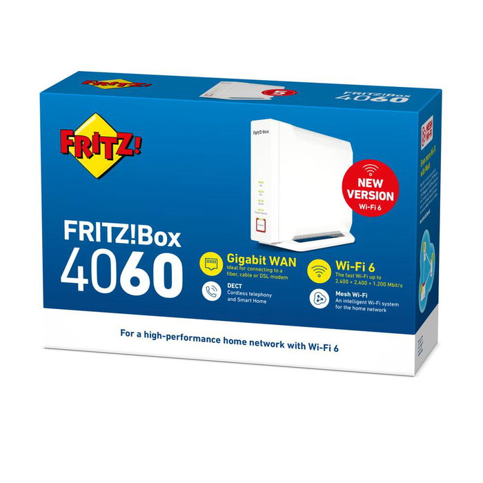 AVM FRITZ!Box 4060 Router WiFi 6 Tribanda Mesh 4x4 MIMO, puerto WAN 2.5 Gbps, 3x LAN Gigabit, VoIP, base DECT, servidor NAS USB 3.0