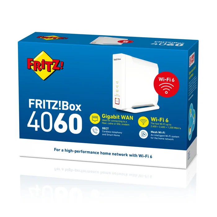 AVM FRITZ!Box 4060 Router Wi-Fi 6 Tribanda con Mesh (2.4 GHz/5 GHz/5 GHz), WAN 2.5 Gbps, 3x Gigabit LAN, USB 3.0, VoIP y NAS, Color Blanco