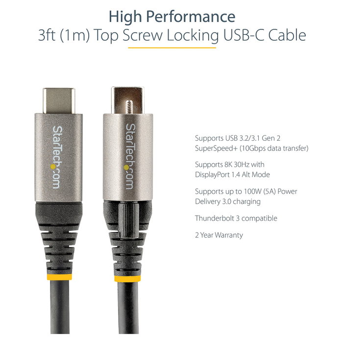 StarTech.com Cable USB-C de 1 m con Tornillo de Fijación, 10 Gbps, USB 3.2 Gen 2, 100W PD