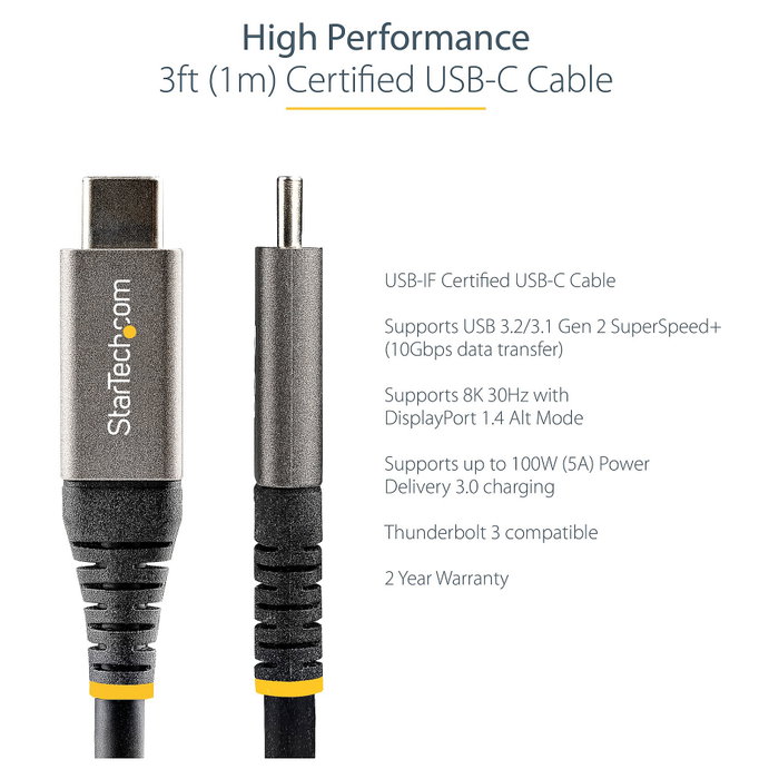StarTech.com Cable USB-C USB 3.2 Gen 2 de 1m, 10Gbps, 100W PD, 8K DisplayPort Alt Mode