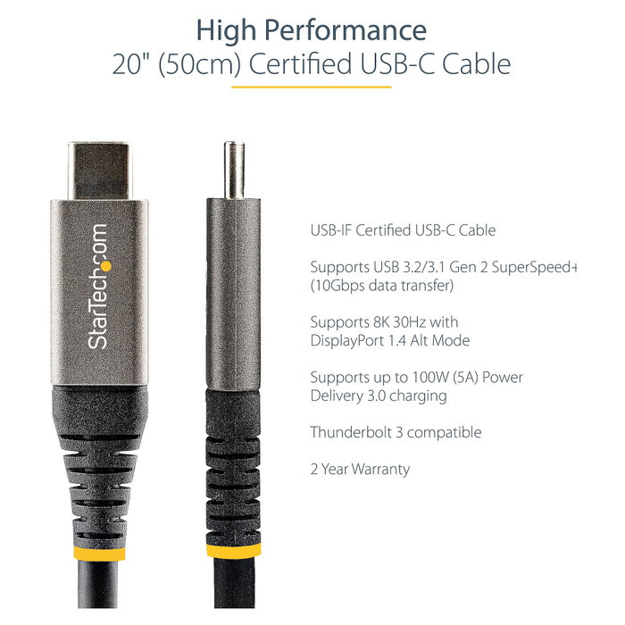 StarTech.com Cable USB-C de 50 cm, 10 Gbps, 100W PD, Negro/Gris