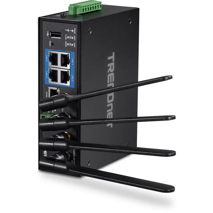 TRENDnet TI-W100 Router Inalámbrico Industrial Gigabit Ethernet AC1200, Doble Banda 2.4GHz/5GHz, 4 Puertos LAN, Carcasa Metálica IP30, Negro
