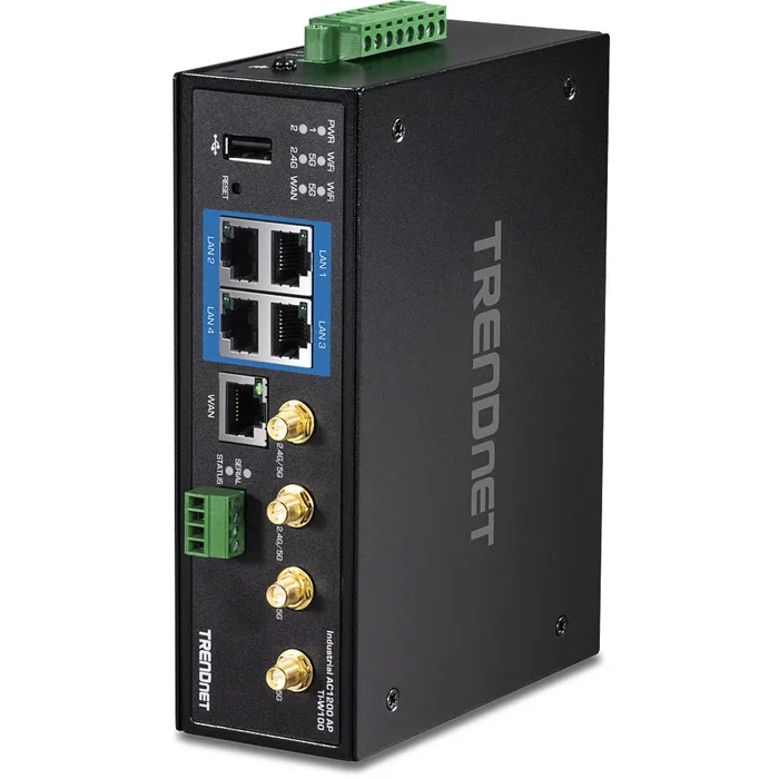 TRENDnet TI-W100 Router Inalámbrico Industrial Gigabit Ethernet AC1200, Doble Banda 2.4GHz/5GHz, 4 Puertos LAN, Carcasa Metálica IP30, Negro