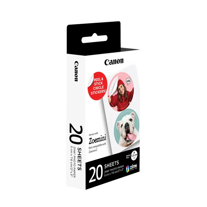Canon 4967C003 Papel Fotográfico ZINK Circle Sticker 3.3 cm (33x33 cm), 20 Hojas para Zoemini Mini y Zoemini S