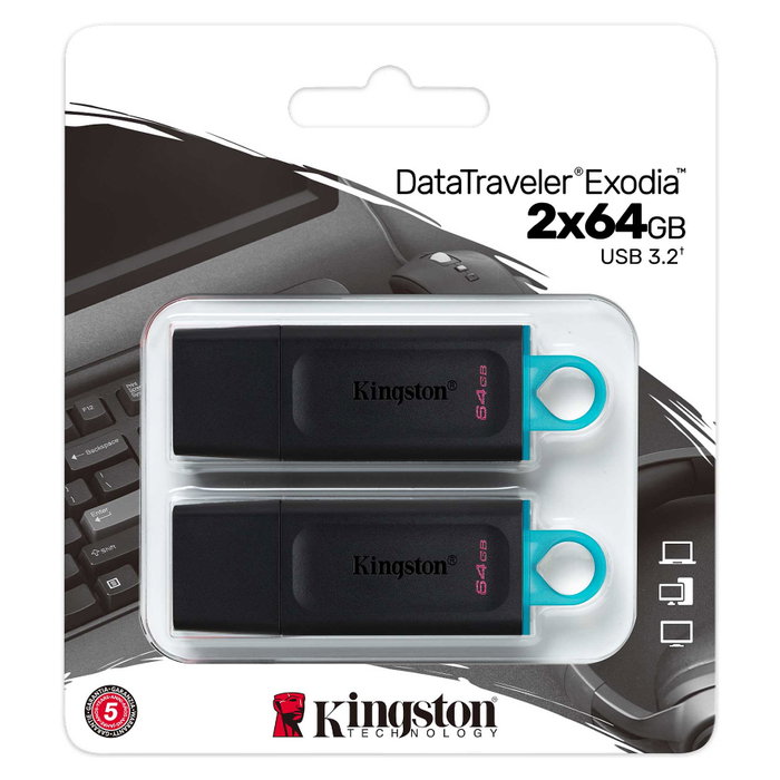 Kingston DataTraveler Exodia 64 GB - Pack de 2 unidades - Negro y turquesa