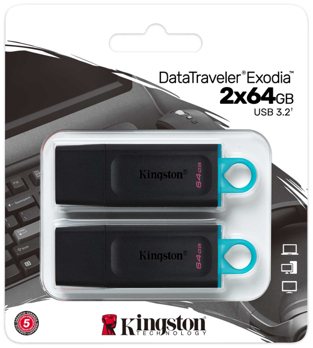 Kingston DataTraveler Exodia 64 GB - Pack de 2 unidades - Negro y turquesa