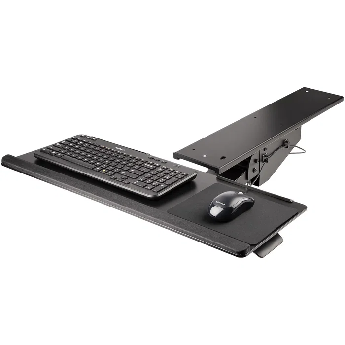 StarTech.com KBTRAYADJ2 Bandeja de Teclado y Ratón Ajustable para Debajo del Escritorio | Soporte Ergonómico con Reposamuñeca | Inclinación y Altura Ajustable | 670x255 mm