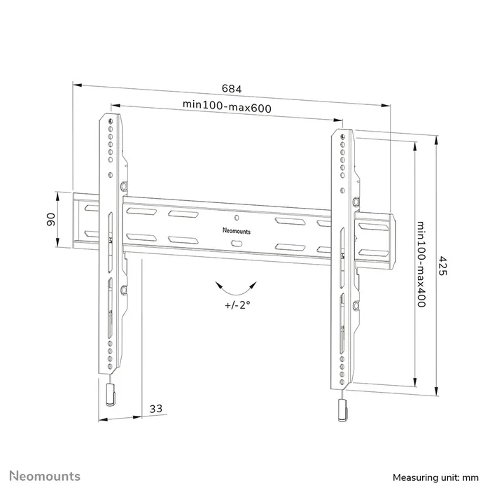 Neomounts WL30S-850BL16 Soporte de Pared Fijo para TV hasta 86", VESA 600x400, 60 kg, Sistema Magnético Pull & Release, Ajuste de Nivel, Negro