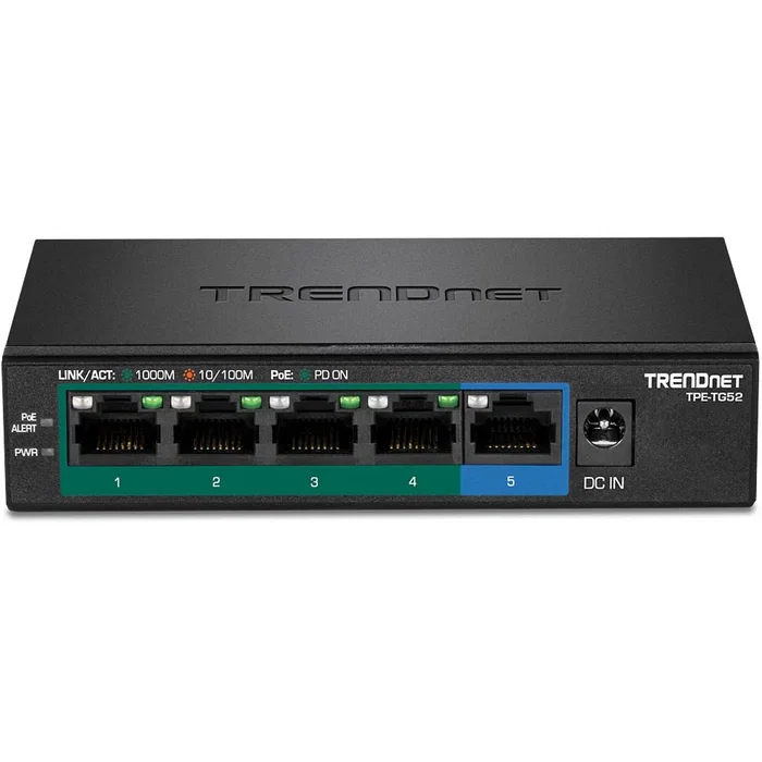 TRENDNET Switch No Administrado TPE-TG52 5 Puertos Gigabit (10/100/1000) con PoE+ (4 puertos, 32W Total) Diseño Compacto para Montaje en Pared, Negro