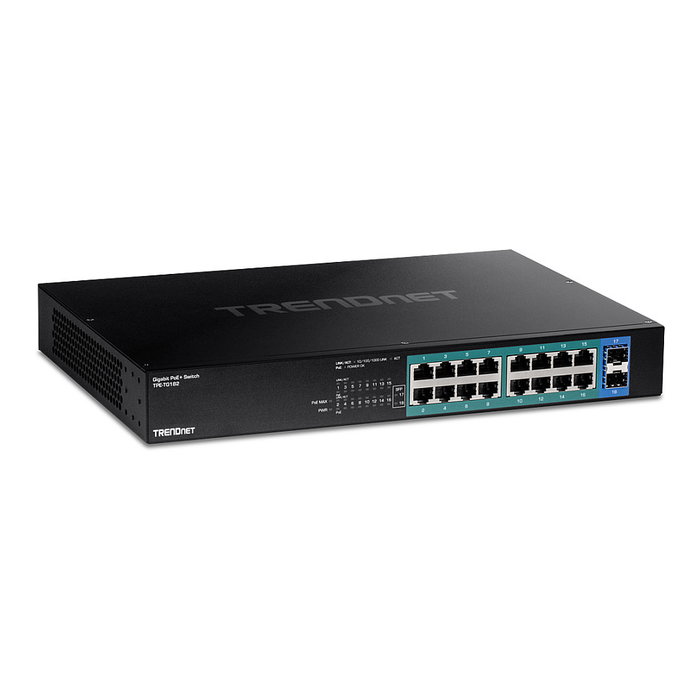TRENDnet TPE-TG182 Conmutador Gigabit PoE+ 18 Puertos, 16 PoE+ 240W, 2 SFP, Montaje en Rack 1U TRENDnet TPE-TG182 Conmutador Gigabit PoE+ 18 Puertos, 16 PoE+ 240W, 2 SFP, Montaje en Rack 1U