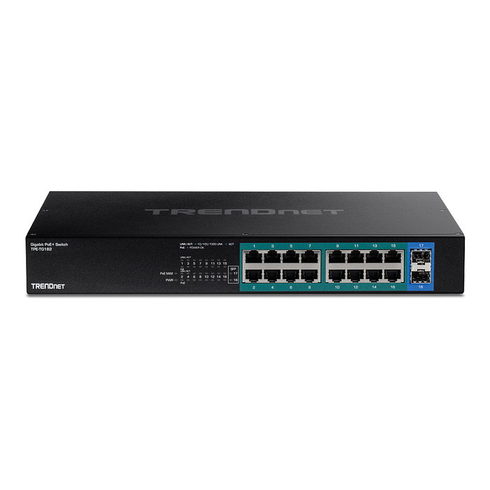 TRENDnet TPE-TG182 Conmutador Gigabit PoE+ 18 Puertos, 16 PoE+ 240W, 2 SFP, Montaje en Rack 1U TRENDnet TPE-TG182 Conmutador Gigabit PoE+ 18 Puertos, 16 PoE+ 240W, 2 SFP, Montaje en Rack 1U