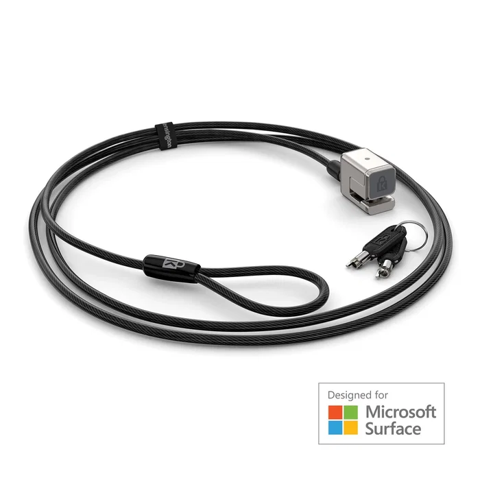 Kensington K68134WW Cable Antirrobo con Llave para Microsoft Surface Pro y Go - Diseño Exclusivo, Cable Acero 1.8m, 5mm, Negro/Plata