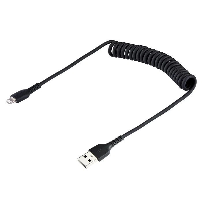 StartTech.com Cable USB-A a Lightning 0.5m / 50cm Rizado Negro - RUSB2ALT50CMBC - Con Certificación MFi Apple, Refuerzo de Aramida, para Carga y Sincronización