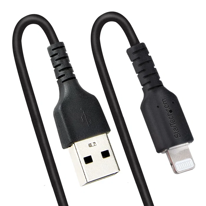 StartTech.com Cable USB-A a Lightning 0.5m / 50cm Rizado Negro - RUSB2ALT50CMBC - Con Certificación MFi Apple, Refuerzo de Aramida, para Carga y Sincronización