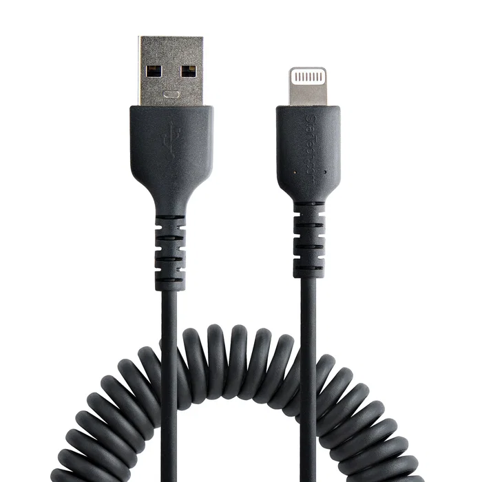 StartTech.com Cable USB-A a Lightning 0.5m / 50cm Rizado Negro - RUSB2ALT50CMBC - Con Certificación MFi Apple, Refuerzo de Aramida, para Carga y Sincronización