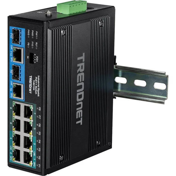 TRENDnet TI-BG104 Switch No Administrado Industrial 10 Puertos Gigabit Ethernet (10/100/1000) con 8 Puertos PoE++/PoE+ (360W), Montaje DIN-Rail, Carcasa Metal IP30, Negro