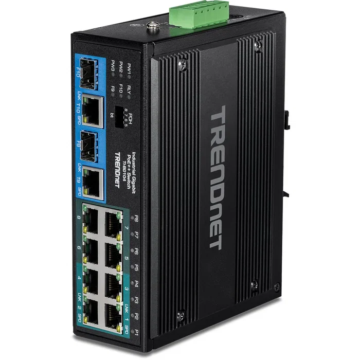 TRENDnet TI-BG104 Switch No Administrado Industrial 10 Puertos Gigabit Ethernet (10/100/1000) con 8 Puertos PoE++/PoE+ (360W), Montaje DIN-Rail, Carcasa Metal IP30, Negro