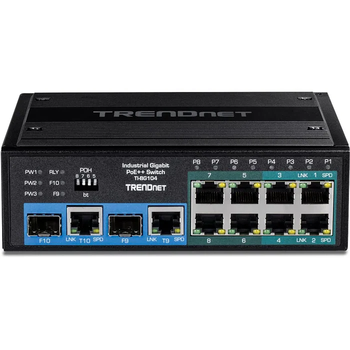 TRENDnet TI-BG104 Switch No Administrado Industrial 10 Puertos Gigabit Ethernet (10/100/1000) con 8 Puertos PoE++/PoE+ (360W), Montaje DIN-Rail, Carcasa Metal IP30, Negro