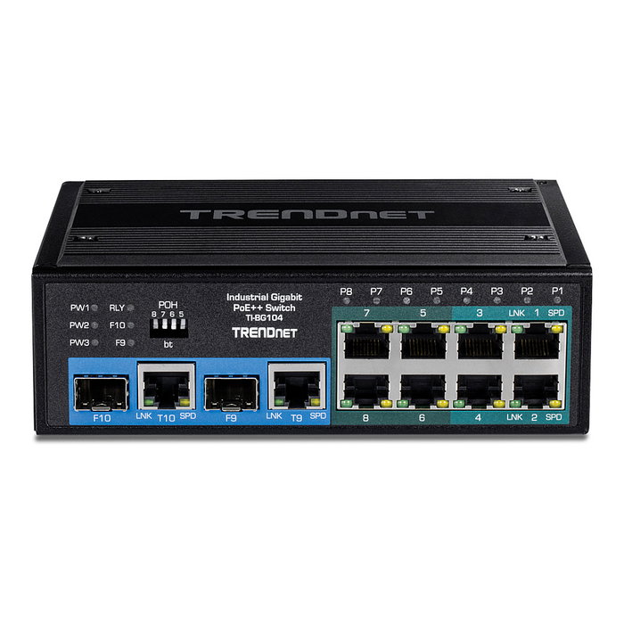 TRENDnet TI-BG104 Switch Industrial con Montaje en Carril DIN, 10 Puertos Gigabit PoE++ (4 puertos), No Administrado, Negro, 20 Gbit/s, IP30