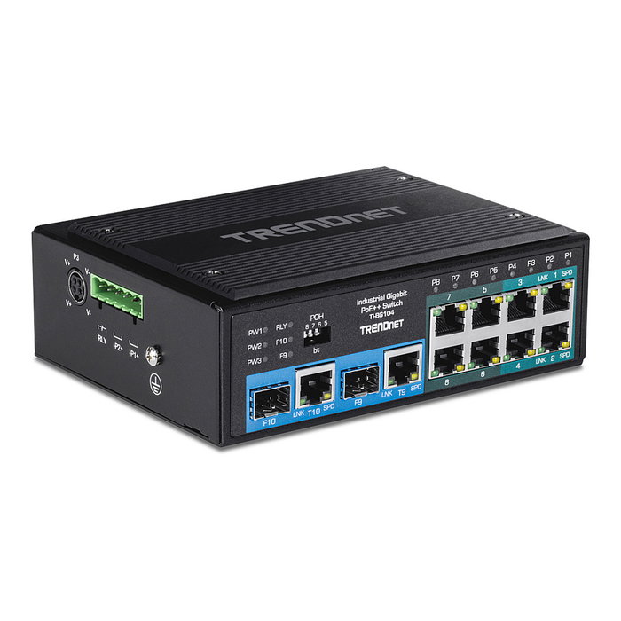 TRENDnet TI-BG104 Switch Industrial con Montaje en Carril DIN, 10 Puertos Gigabit PoE++ (4 puertos), No Administrado, Negro, 20 Gbit/s, IP30