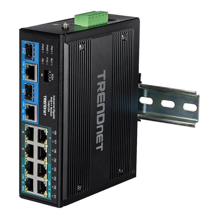 TRENDnet TI-BG104 Switch Industrial con Montaje en Carril DIN, 10 Puertos Gigabit PoE++ (4 puertos), No Administrado, Negro, 20 Gbit/s, IP30