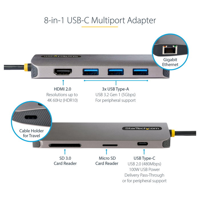 StarTech.com Adaptador Multipuertos USB C 4K 60Hz con Hub USB-A, Ethernet y Carga 100W StarTech.com Adaptador Multipuertos USB C 4K 60Hz con Hub USB-A, Ethernet y Carga 100W