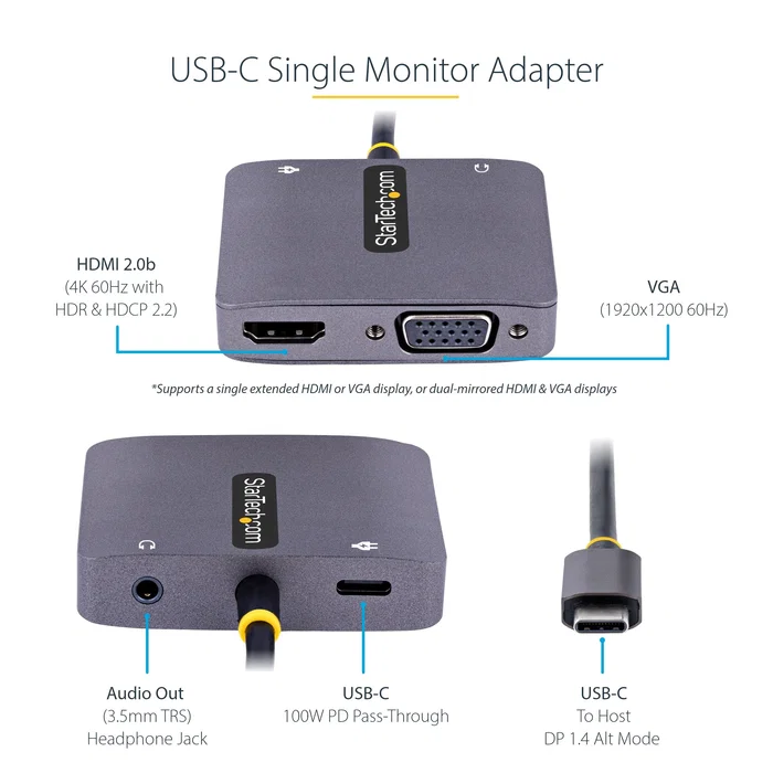 StarTech.com 122-USBC-HDMI-4K-VGA Adaptador Gráfico USB-C a HDMI 2.0b y VGA con Puerto de Audio 3.5mm, Resolución 4K UHD a 60Hz HDR, Power Delivery 3.0 de 100W y Cable de 30cm
