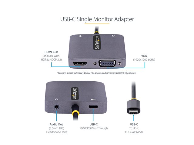 Startech Adaptador USB Tipo C a HDMI VGA con Audio 3.5mm, HDR 4K a 60Hz, PD 3.0 100W