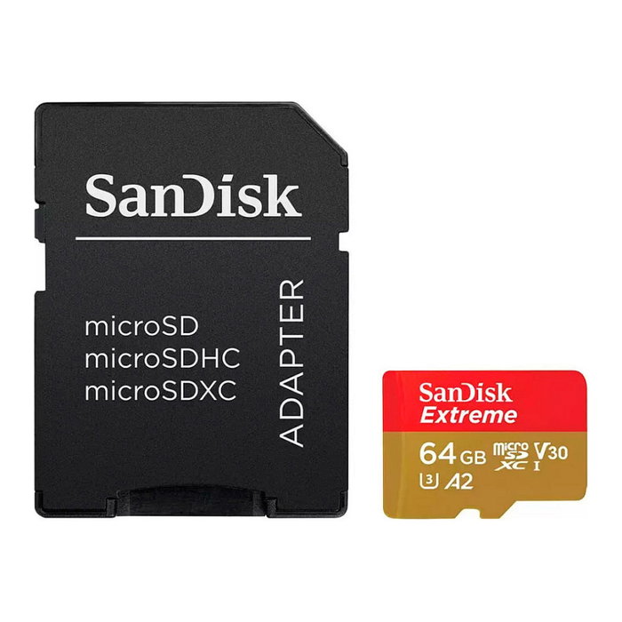 SanDisk Tarjeta de Memoria MicroSDXC Extreme Plus 64GB, Clase A2, V30, U3, con Adaptador SD SanDisk Tarjeta de Memoria MicroSDXC Extreme Plus 64GB, Clase A2, V30, U3, con Adaptador SD