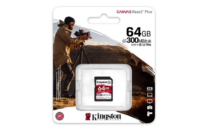 Kingston SDCS2/64GB Canvas React Plus Tarjeta SDXC UHS-II 64GB, Clase V90, Velocidad Lectura 300MB/s Escritura 260MB/s para Grabación 8K/4K/VR