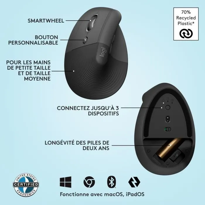Logitech Lift Left Ratón Ergonómico Vertical Inalámbrico, Grafito