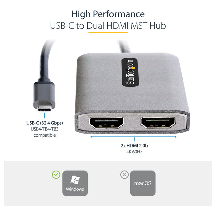 StarTech.com Adaptador USB-C a HDMI Doble MST Hub 4K 60Hz Gris