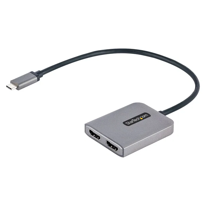 StarTech.com Hub MST USB-C a 2 Puertos HDMI MST14CD122HD - Adaptador Gráfico para 2 Monitores 4K a 60Hz, HDR, Thunderbolt 3/4/USB4, Plug & Play, Cable de 30 cm Incluido - Negro/Gris