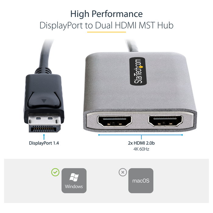 StarTech MST14DP122HD Hub MST DisplayPort a Dual HDMI 4K 60Hz