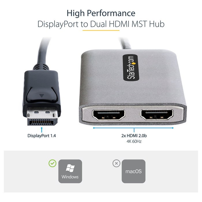 StarTech Hub Divisor MST DisplayPort a Dual HDMI 4K@60Hz DP 1.4 DSC HBR3 Adaptador Multimonitor Hub Concentrador