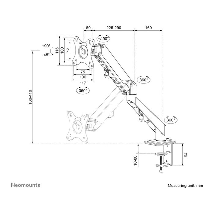 Newstar DS70-700BL1 Brazo de Monitor de Resorte de Gas Neomounts para Pantallas de 17 a 27 Pulgadas, 7 kg, VESA 100x100 mm, Negro - Soporte de Escritorio Full Motion