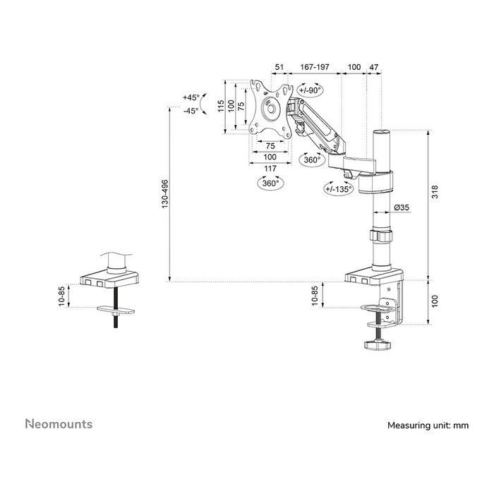 Neomounts Brazo de Monitor DS70-750BL1 Full-Motion para Pantallas de 17-27 Pulgadas, 7kg, Resorte de Gas, Pinza/Atornillado, Negro