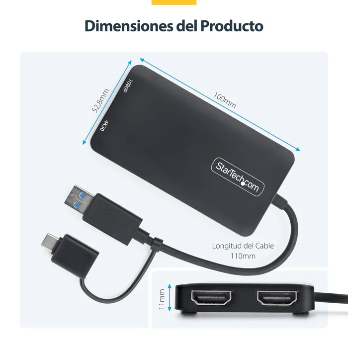StarTech 107B-USB-HDMI Adaptador Gráfico USB a 2 HDMI Dual 4K 30Hz + 1080p para Windows, macOS y Chrome OS - Gris - Aumenta la Productividad